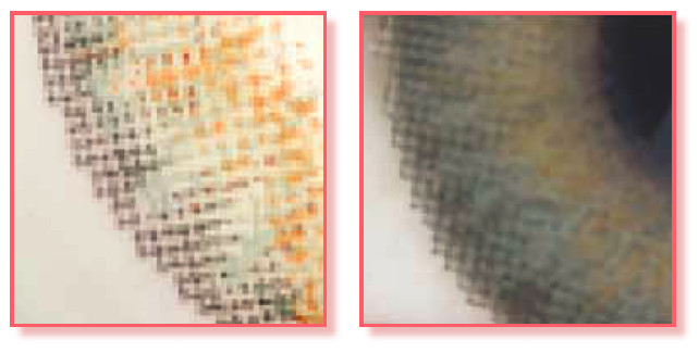 Ilustracja 1: Soczewki kolorowe z nadrukiem punktowym (po lewej) wywołują efekt nienaturalnego wyglądu po założeniu (po prawej)